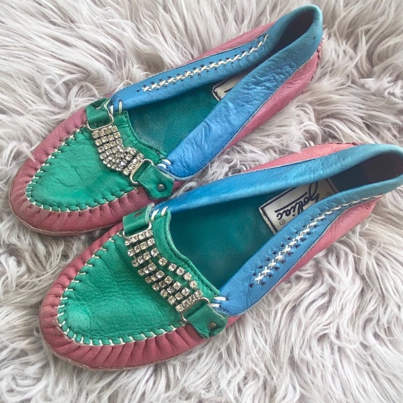 Vintage Shoes - Vintage Zodiac Pink Blue Green Rhinestone Loafers
